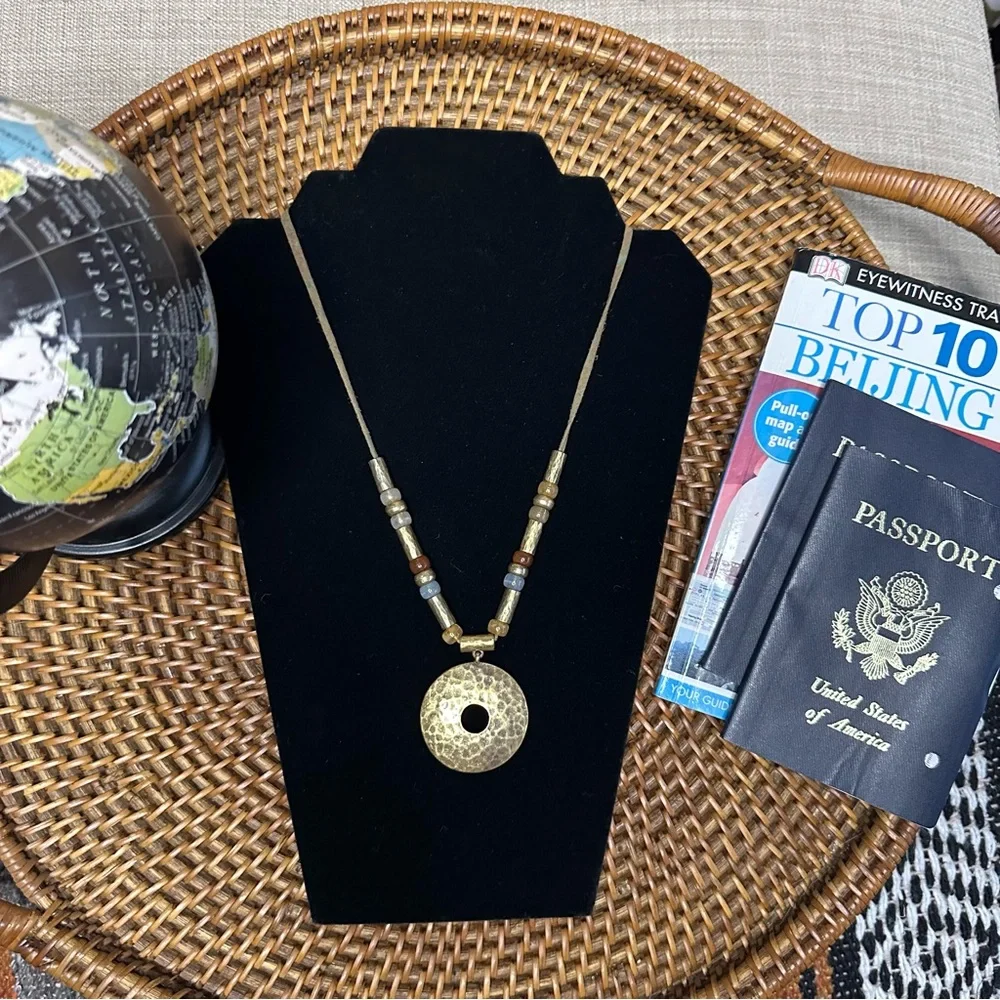 Boho Beaded Round Hammered Medallion Leather Necklace